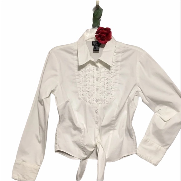 VTG CROP WHITE TOP LONG SLEEVE RUFFLES TIES IN FRONT BOHO PREPPY SEXY Y2K - Picture 1 of 9
